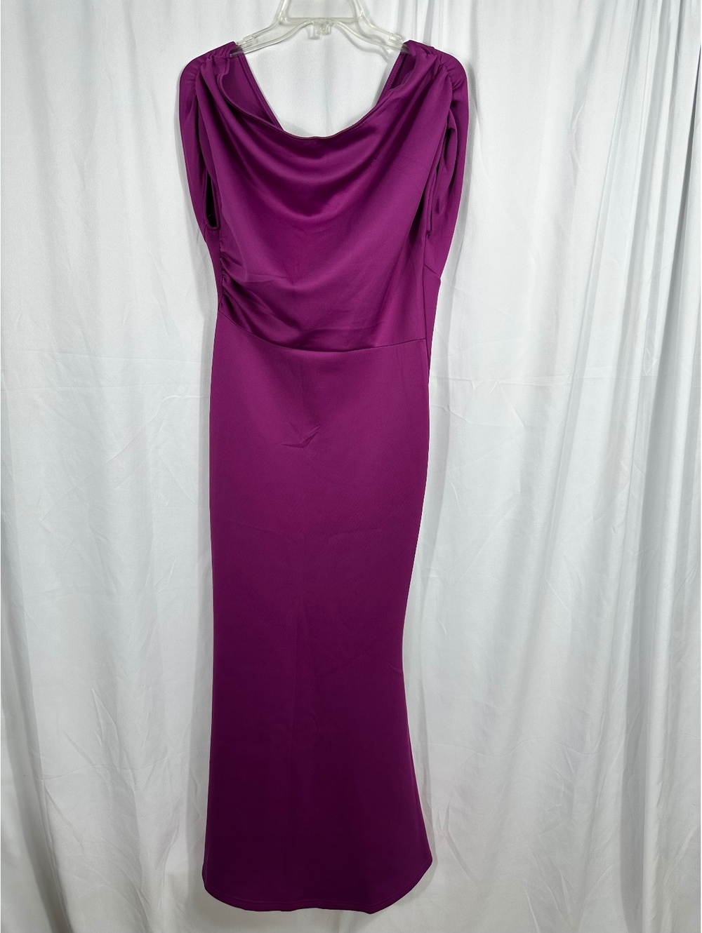 OYS Elegant Purple Satin-Like Long Dress with Draped Neckline Size L